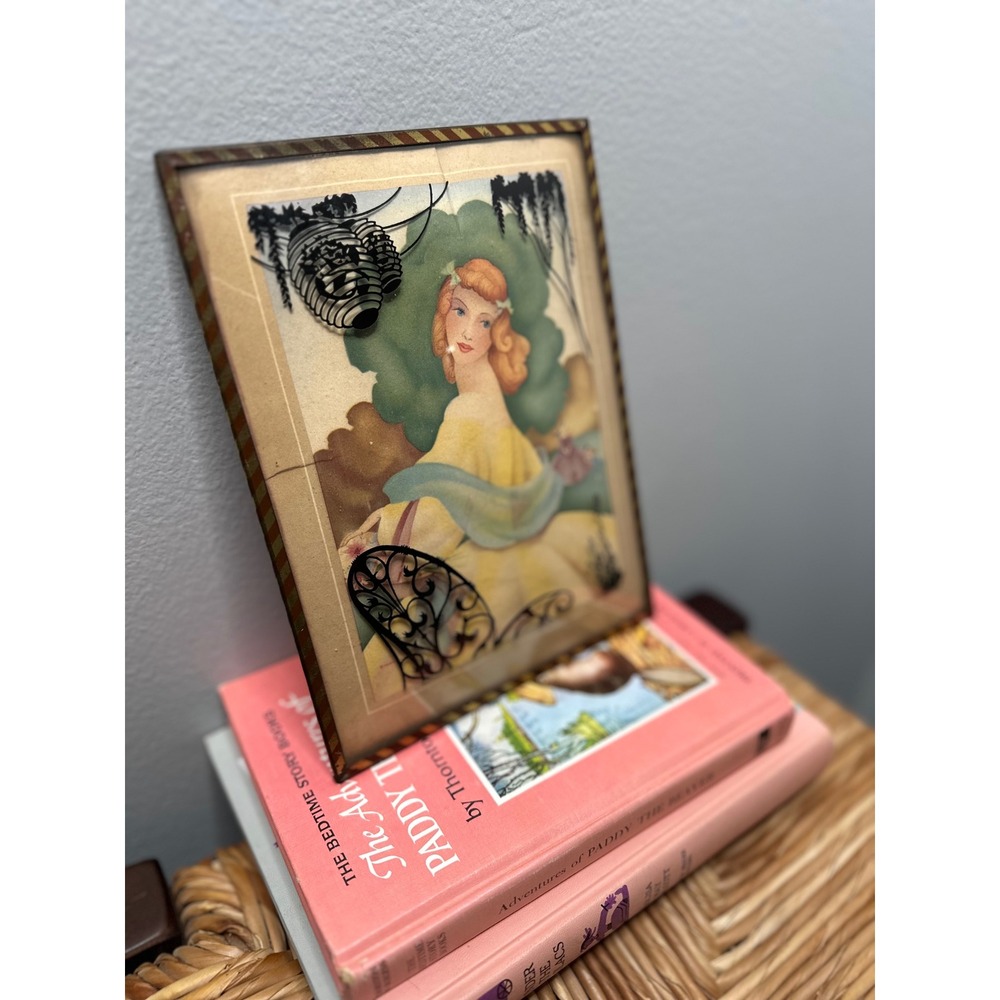 Vintage Art Deco Reverse Glass Painting Woman Yellow Gown Filigree Metal Frame